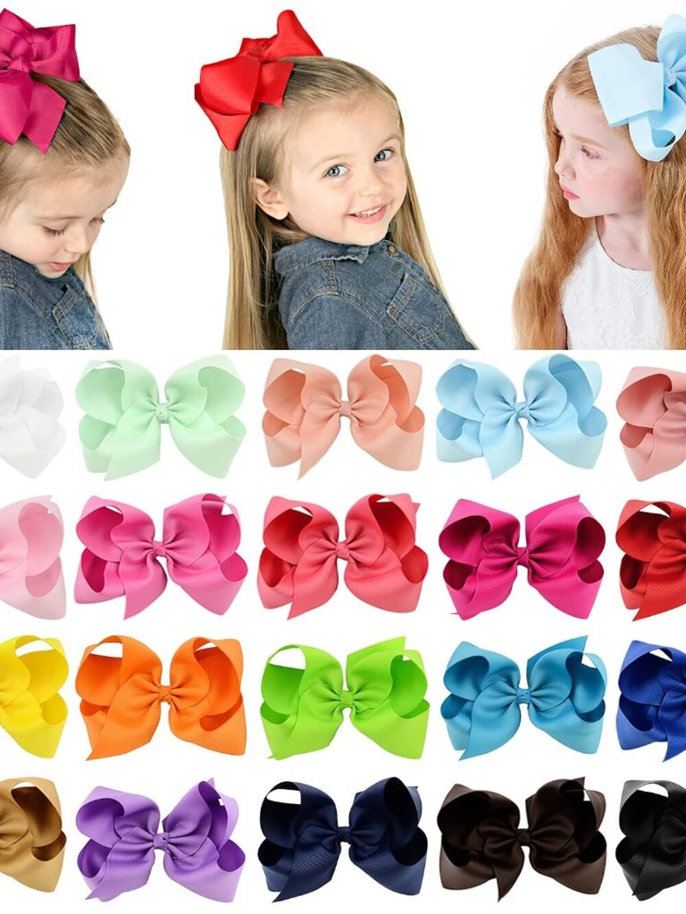 20PCS 6 Inch Hair Bows for Girls, Grosgrain Ribbon Hair Clips